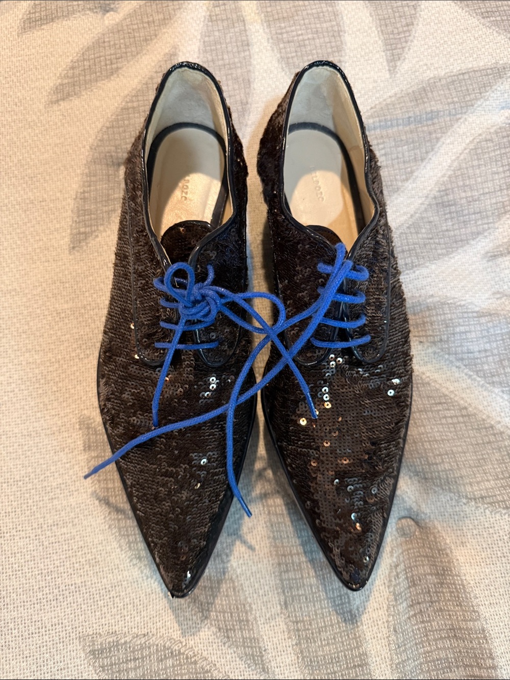 Delpozc Sequined Pointed Oxford Lace-Up Shoes in Black Vintage Size 40